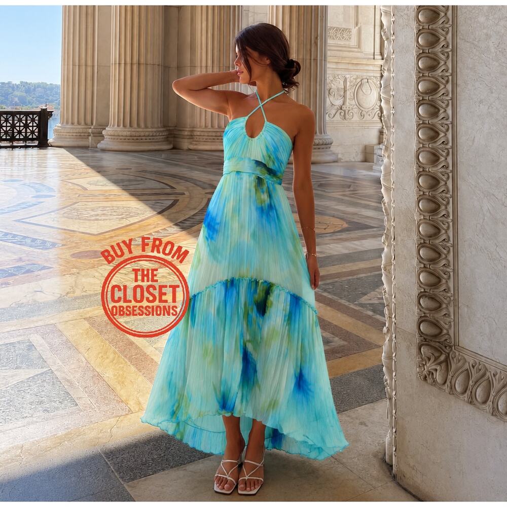 Mango NWT Blue Watercolor Halter Pleated Maxi Dress 6 8 - Picture 11 of 16
